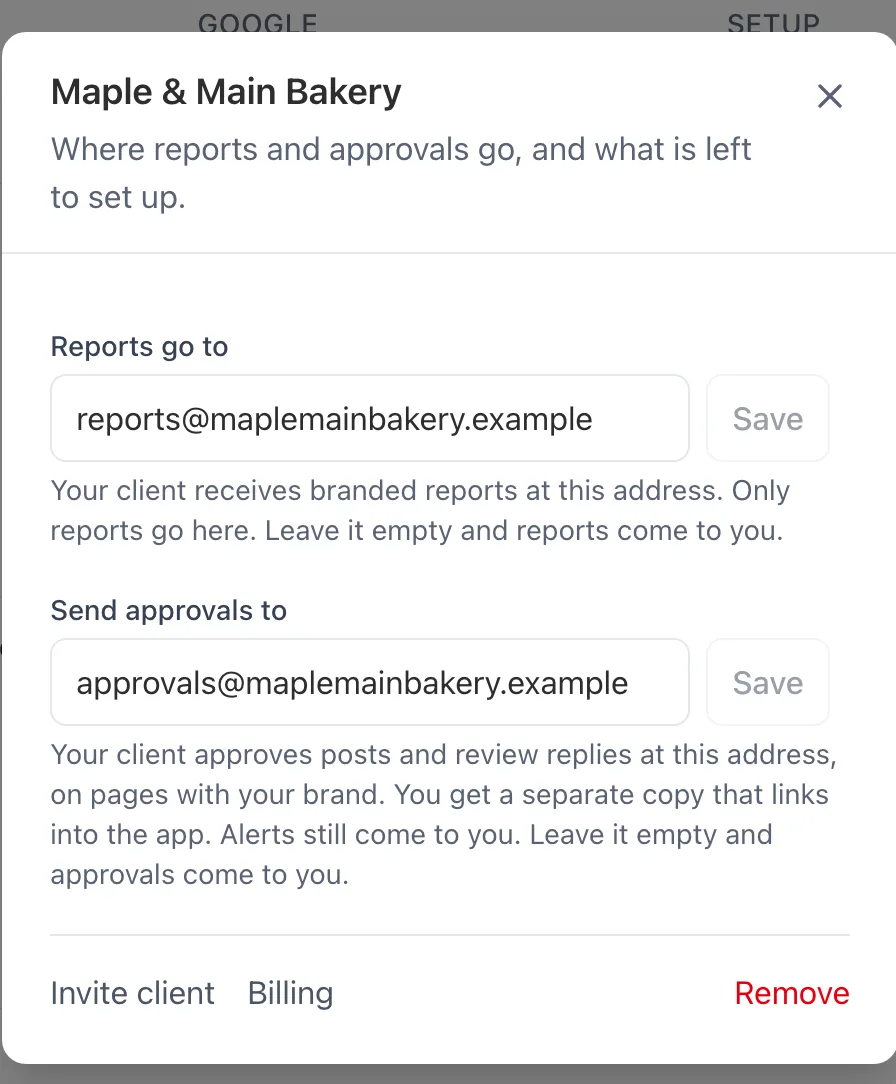 The Edit panel for Maple & Main Bakery, a sample client: a Reports go to address and a Send approvals to address, with a note that the client approves on pages with your brand and you get a separate copy.