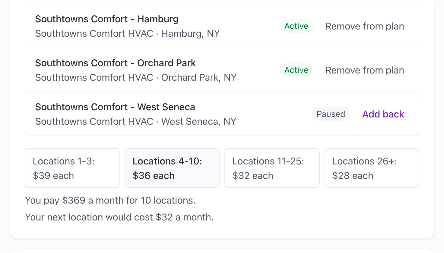 The plan page: three locations switched on and off, the price brackets, and $369 a month for 10 locations.