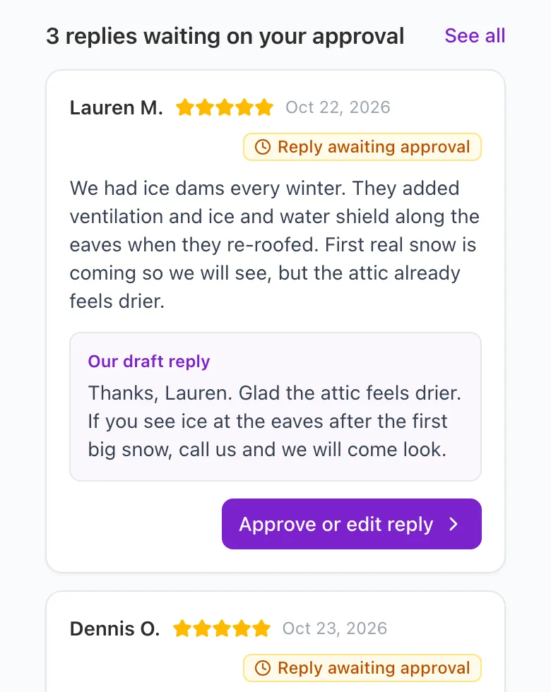 A five-star review about ice dams and the reply drafted for it, waiting for approval.